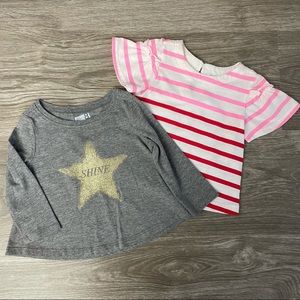 Pair of Crazy 8 Baby Girl Tops Size 6-12M: Gray Gold Star & Pink Striped